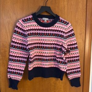 J. Crew Cozy Pink and Blue Fair Isle Crew Neck Sweater